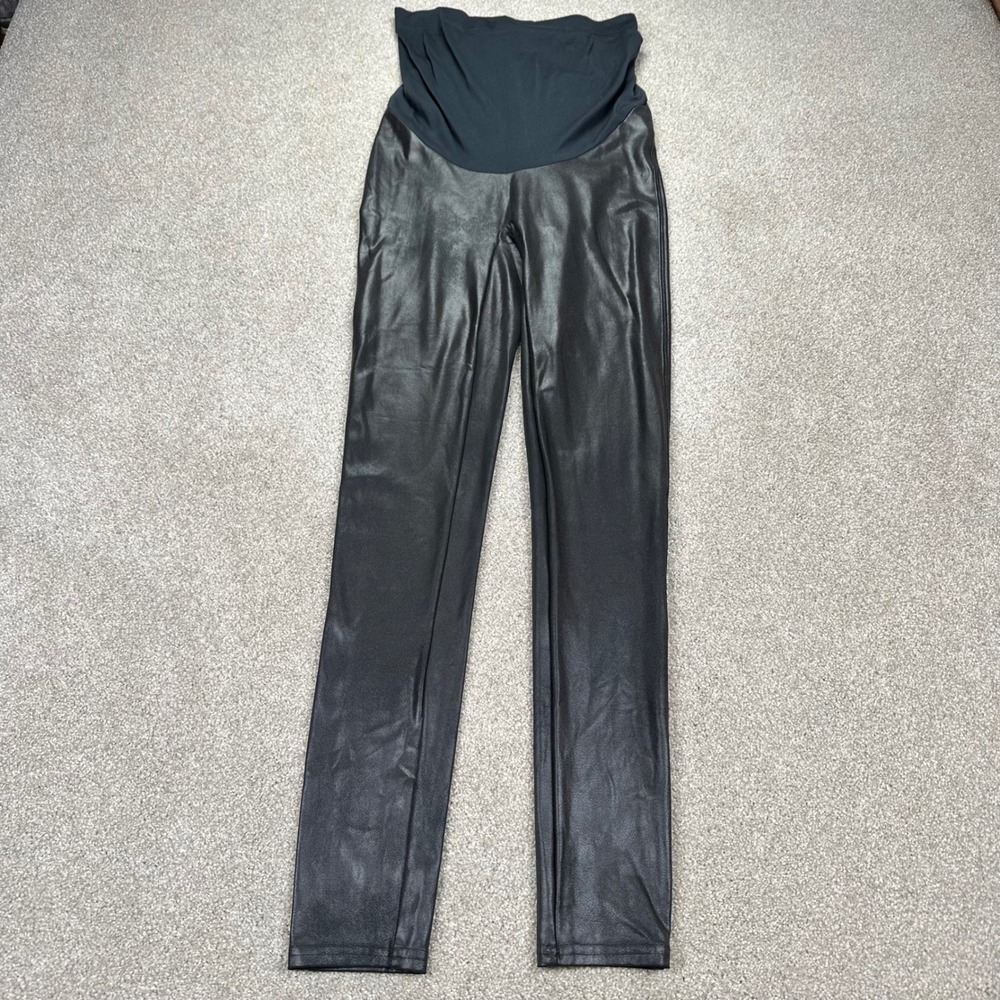 Spanx Maternity Medium Faux Leather Leggings Black Over Belly 20201R Chic Edgy
